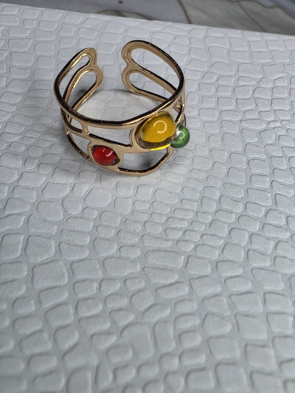 Gold Open Cuff Ring with Red, Yellow & Green Cabochons